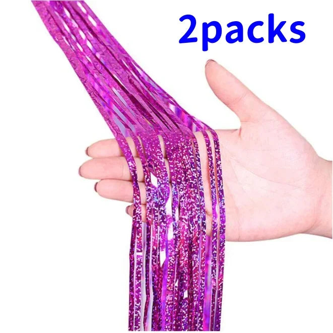 2 Pack Glitter Tinsel Fringe Curtains – Metallic Foil Party Backdrop for Birthday, Wedding & Anniversary Decorations