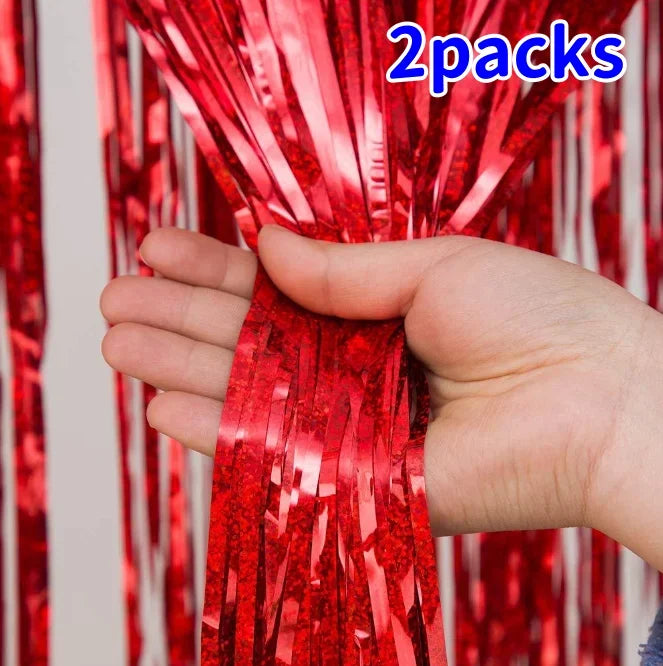 2 Pack Glitter Tinsel Fringe Curtains – Metallic Foil Party Backdrop for Birthday, Wedding & Anniversary Decorations