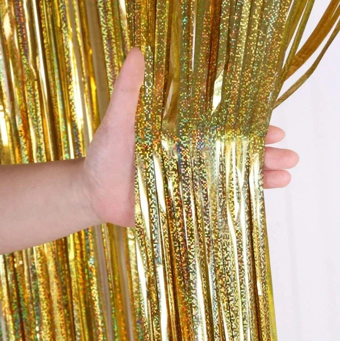 2 Pack Glitter Tinsel Fringe Curtains – Metallic Foil Party Backdrop for Birthday, Wedding & Anniversary Decorations