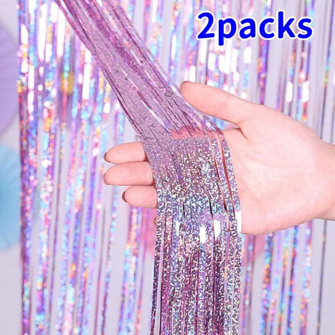 2 Pack Glitter Tinsel Fringe Curtains – Metallic Foil Party Backdrop for Birthday, Wedding & Anniversary Decorations