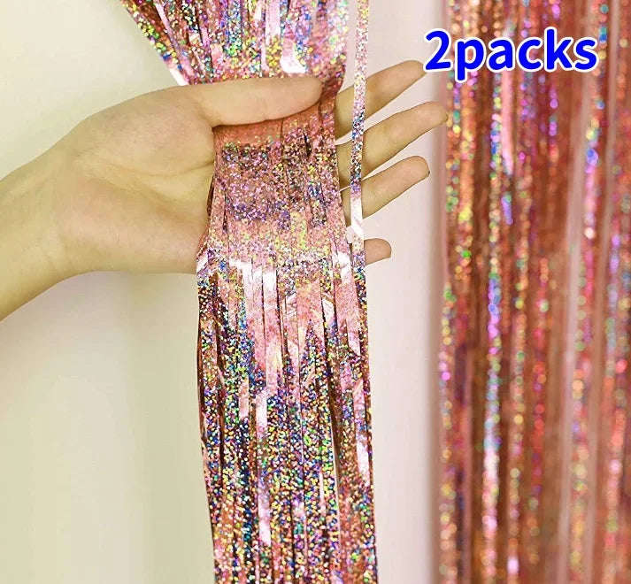 2 Pack Glitter Tinsel Fringe Curtains – Metallic Foil Party Backdrop for Birthday, Wedding & Anniversary Decorations