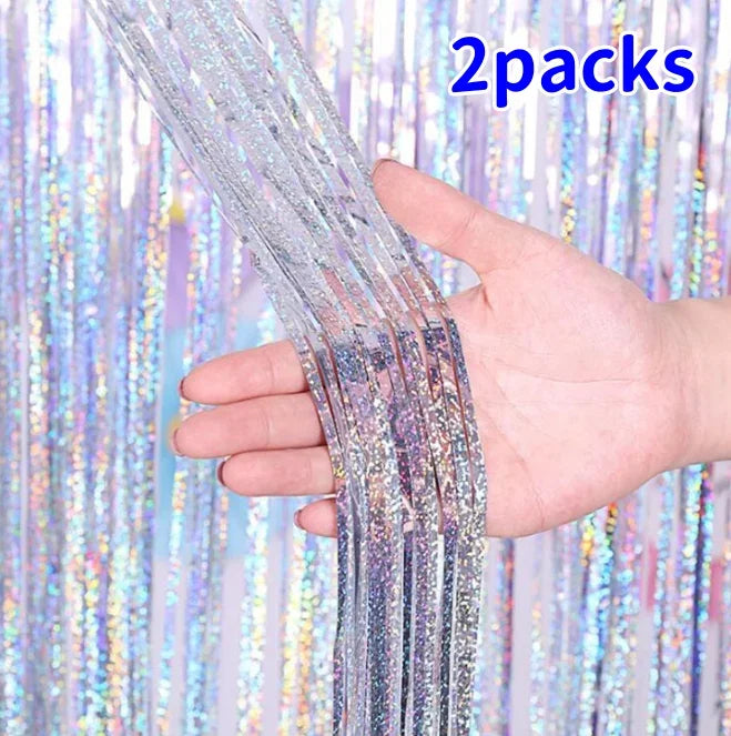2 Pack Glitter Tinsel Fringe Curtains – Metallic Foil Party Backdrop for Birthday, Wedding & Anniversary Decorations