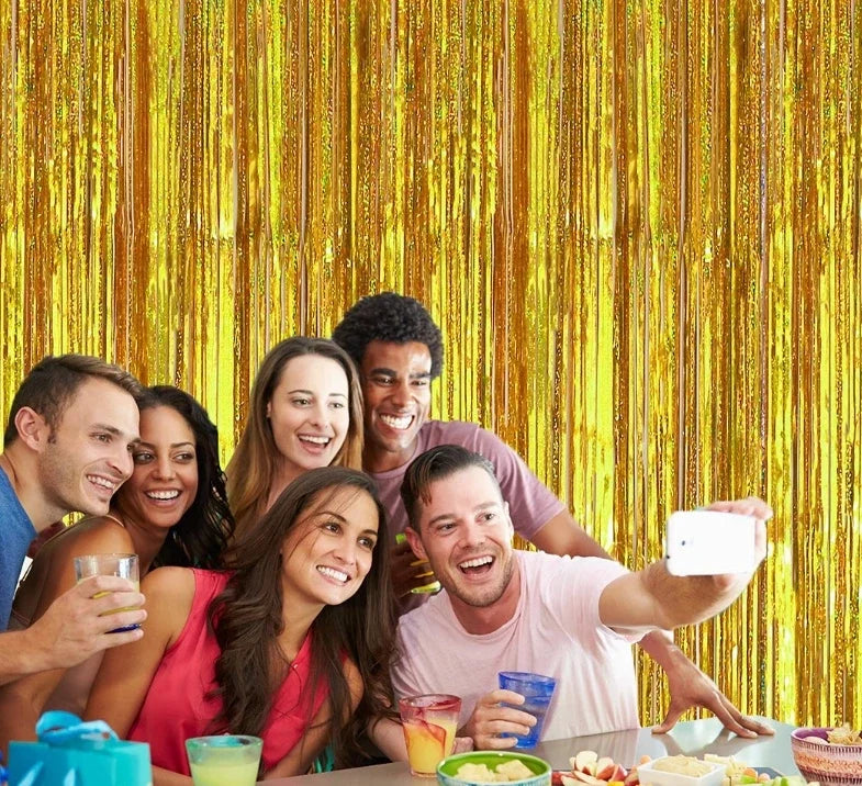 2 Pack Glitter Tinsel Fringe Curtains – Metallic Foil Party Backdrop for Birthday, Wedding & Anniversary Decorations