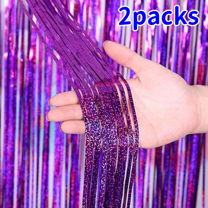 2 Pack Glitter Tinsel Fringe Curtains – Metallic Foil Party Backdrop for Birthday, Wedding & Anniversary Decorations