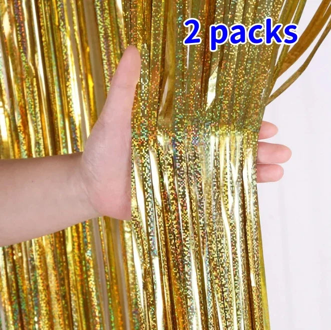 2 Pack Glitter Tinsel Fringe Curtains – Metallic Foil Party Backdrop for Birthday, Wedding & Anniversary Decorations