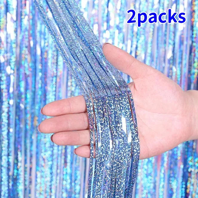 2 Pack Glitter Tinsel Fringe Curtains – Metallic Foil Party Backdrop for Birthday, Wedding & Anniversary Decorations