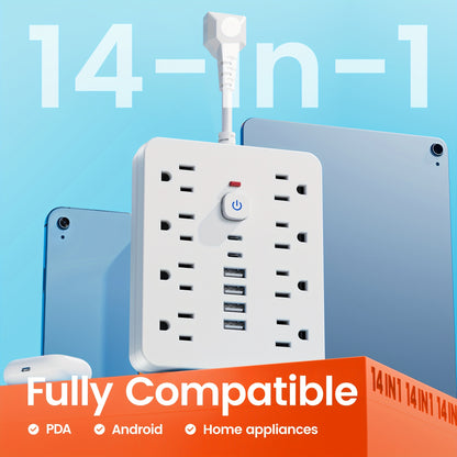 14-in-1 Power Strip with Surge Protector — 8 AC Outlets & 6 USB Ports (2 USB-C), Flat Plug, Short Cord, Overload Protection for Home, Office, School