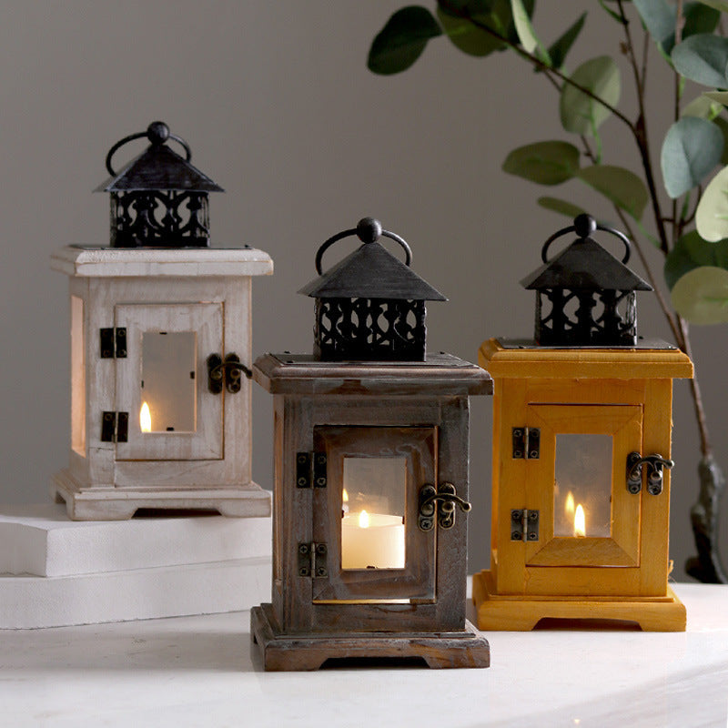 Vintage Wooden & Iron Glass Candle Holder