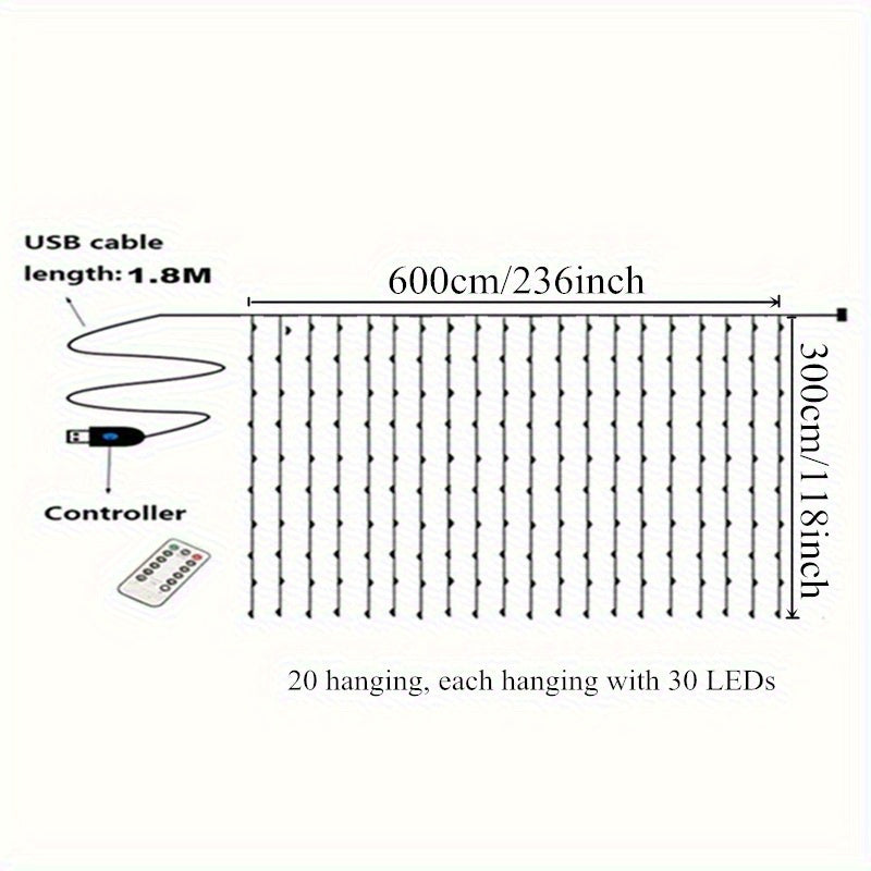 600 LED Curtain String Lights – 6m x 3m USB Fairy Lights with Remote Control | Wedding, Christmas, Ramadan & Home Décor
