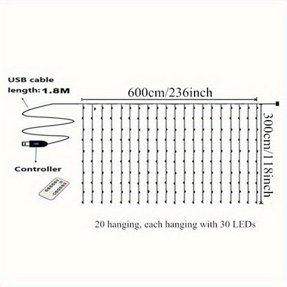 600 LED Curtain String Lights – 6m x 3m USB Fairy Lights with Remote Control | Wedding, Christmas, Ramadan & Home Décor
