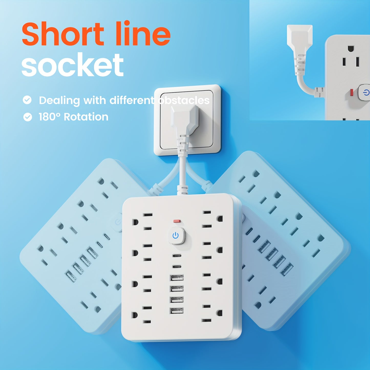 14-in-1 Power Strip with Surge Protector — 8 AC Outlets & 6 USB Ports (2 USB-C), Flat Plug, Short Cord, Overload Protection for Home, Office, School