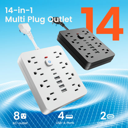 14-in-1 Power Strip with Surge Protector — 8 AC Outlets & 6 USB Ports (2 USB-C), Flat Plug, Short Cord, Overload Protection for Home, Office, School