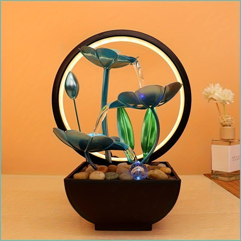 Serene Mini Tabletop Fountain – LED Light, Flowing Waterfall, Natural River Stones