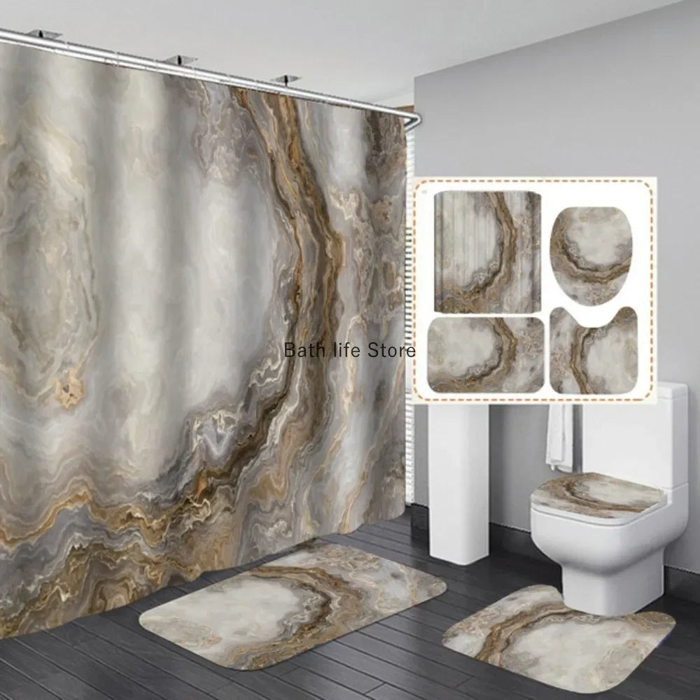 Modern 3D Shower Curtain Set with Anti-Slip Bath Mat – Water-Resistant & Custom Sizes