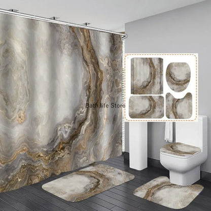 Modern 3D Shower Curtain Set with Anti-Slip Bath Mat – Water-Resistant & Custom Sizes