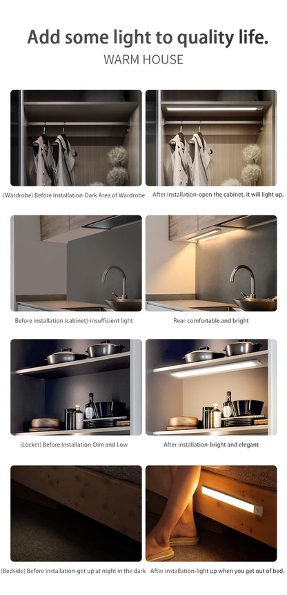 LED Night Light with Motion Sensor – USB Rechargeable Cabinet Lamp for Wardrobe, Kitchen, Bedroom & Hallway (20/30/40/60cm)