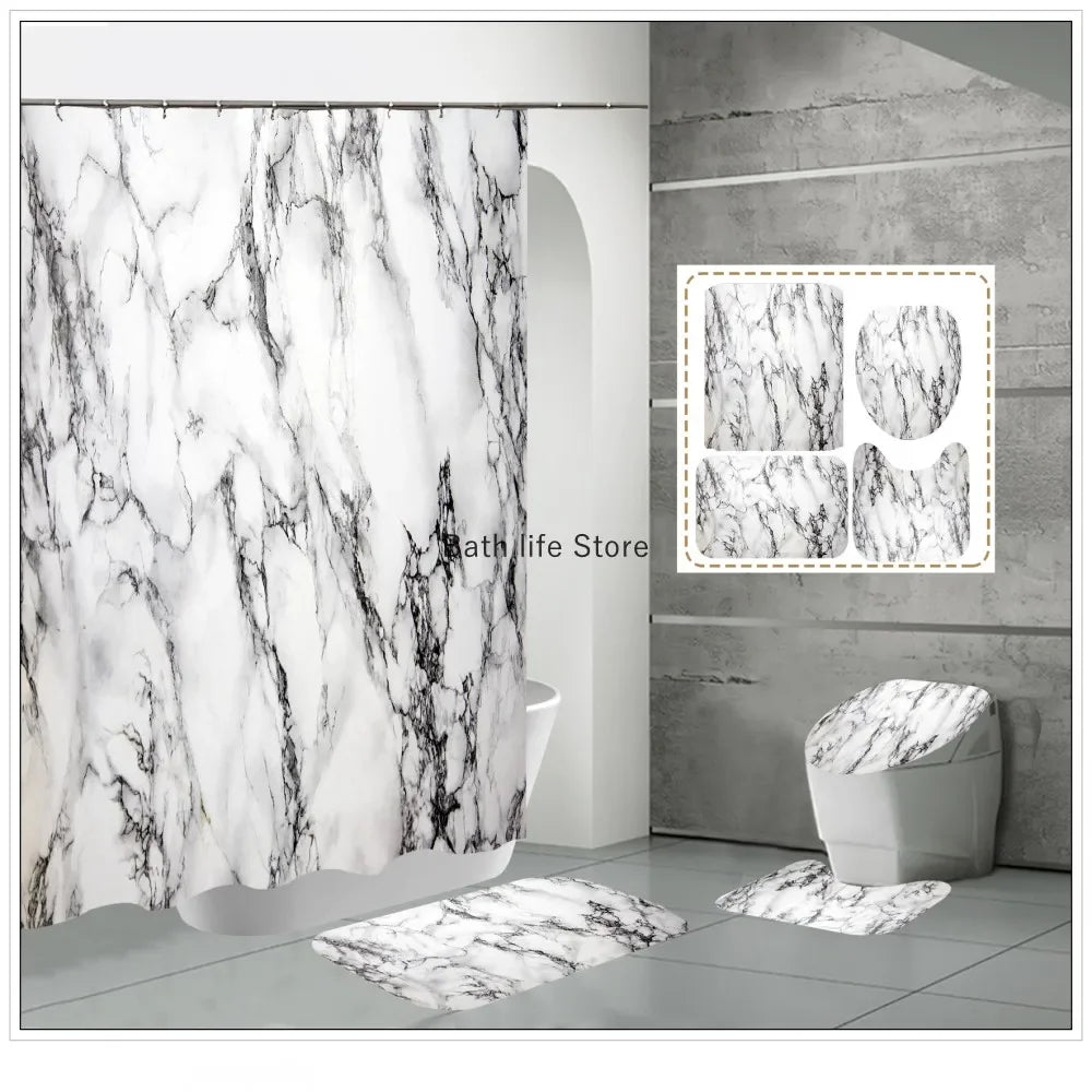 Modern 3D Shower Curtain Set with Anti-Slip Bath Mat – Water-Resistant & Custom Sizes