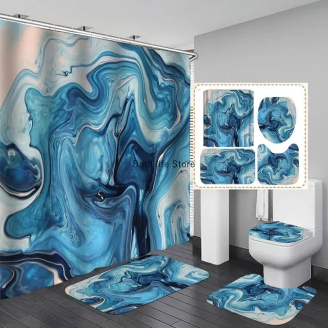Modern 3D Shower Curtain Set with Anti-Slip Bath Mat – Water-Resistant & Custom Sizes