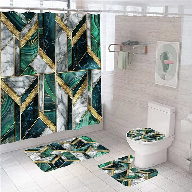 Modern 3D Shower Curtain Set with Anti-Slip Bath Mat – Water-Resistant & Custom Sizes