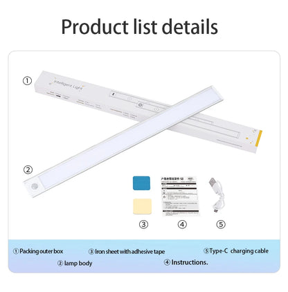 LED Night Light with Motion Sensor – USB Rechargeable Cabinet Lamp for Wardrobe, Kitchen, Bedroom & Hallway (20/30/40/60cm)