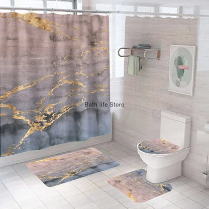 Modern 3D Shower Curtain Set with Anti-Slip Bath Mat – Water-Resistant & Custom Sizes