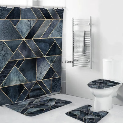Modern 3D Shower Curtain Set with Anti-Slip Bath Mat – Water-Resistant & Custom Sizes