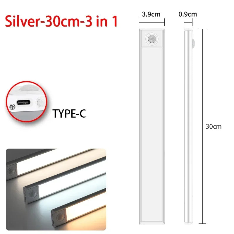 LED Night Light with Motion Sensor – USB Rechargeable Cabinet Lamp for Wardrobe, Kitchen, Bedroom & Hallway (20/30/40/60cm)