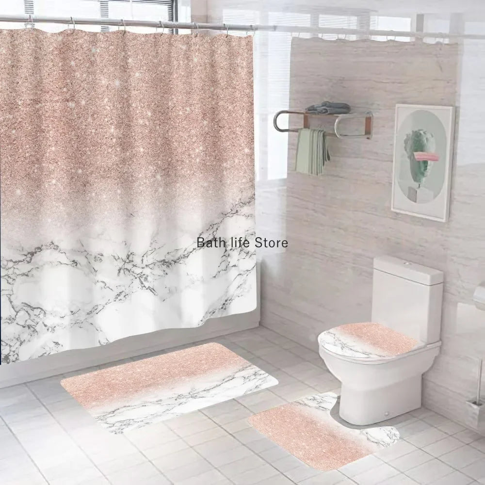 Modern 3D Shower Curtain Set with Anti-Slip Bath Mat – Water-Resistant & Custom Sizes