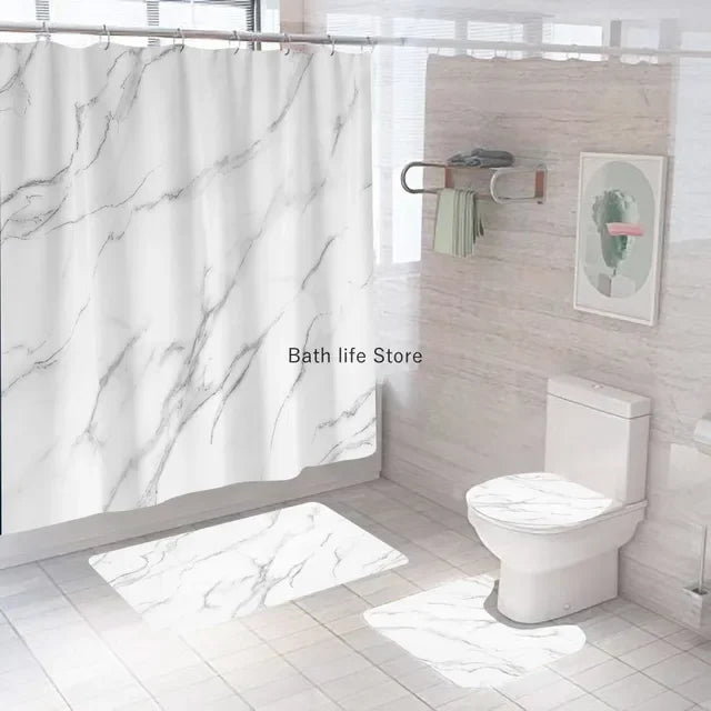 Modern 3D Shower Curtain Set with Anti-Slip Bath Mat – Water-Resistant & Custom Sizes