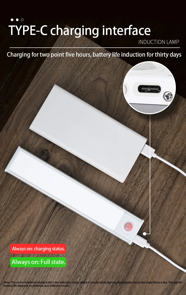 LED Night Light with Motion Sensor – USB Rechargeable Cabinet Lamp for Wardrobe, Kitchen, Bedroom & Hallway (20/30/40/60cm)