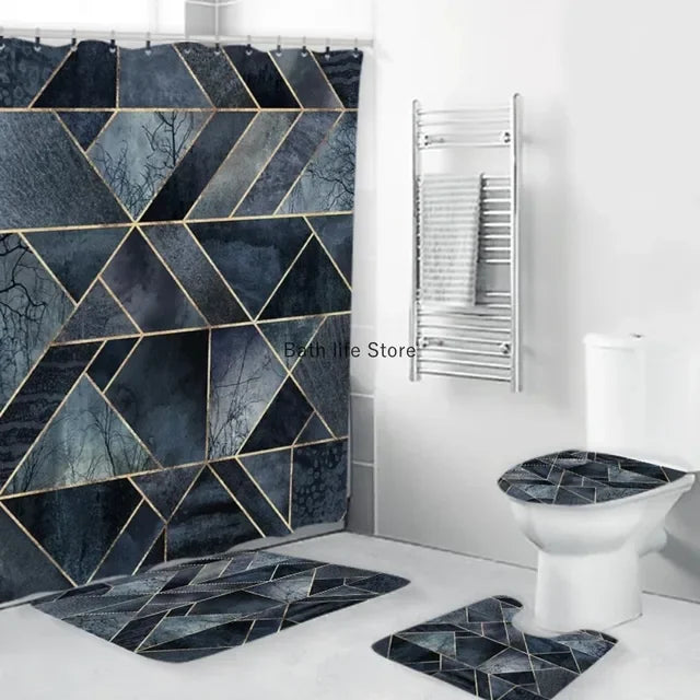 Modern 3D Shower Curtain Set with Anti-Slip Bath Mat – Water-Resistant & Custom Sizes