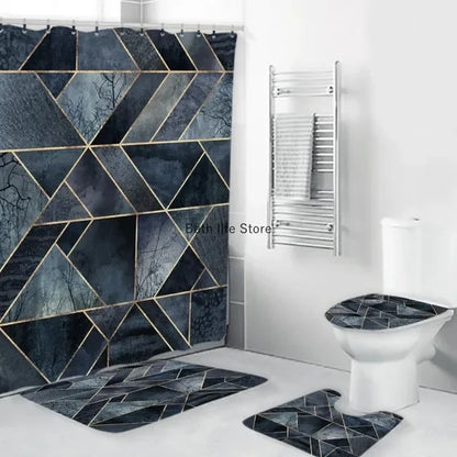 Modern 3D Shower Curtain Set with Anti-Slip Bath Mat – Water-Resistant & Custom Sizes