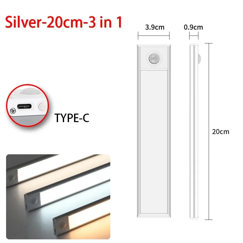LED Night Light with Motion Sensor – USB Rechargeable Cabinet Lamp for Wardrobe, Kitchen, Bedroom & Hallway (20/30/40/60cm)