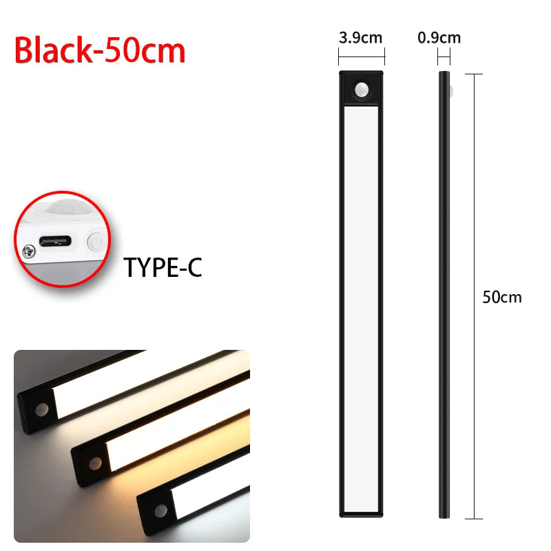 LED Night Light with Motion Sensor – USB Rechargeable Cabinet Lamp for Wardrobe, Kitchen, Bedroom & Hallway (20/30/40/60cm)