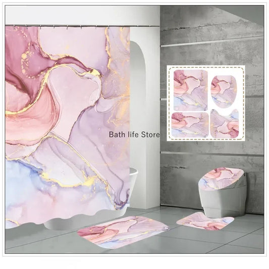 Modern 3D Shower Curtain Set with Anti-Slip Bath Mat – Water-Resistant & Custom Sizes
