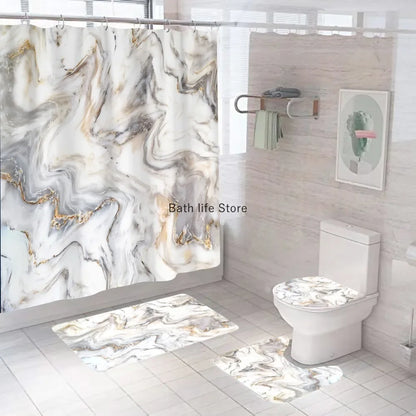 Modern 3D Shower Curtain Set with Anti-Slip Bath Mat – Water-Resistant & Custom Sizes