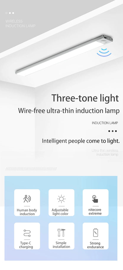 LED Night Light with Motion Sensor – USB Rechargeable Cabinet Lamp for Wardrobe, Kitchen, Bedroom & Hallway (20/30/40/60cm)