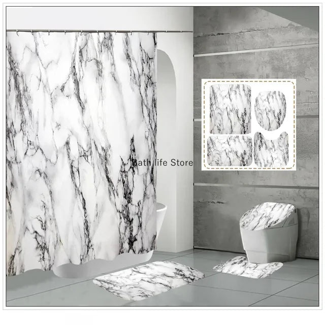 Modern 3D Shower Curtain Set with Anti-Slip Bath Mat – Water-Resistant & Custom Sizes