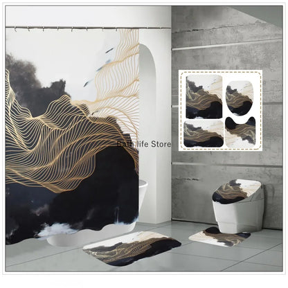 Modern 3D Shower Curtain Set with Anti-Slip Bath Mat – Water-Resistant & Custom Sizes