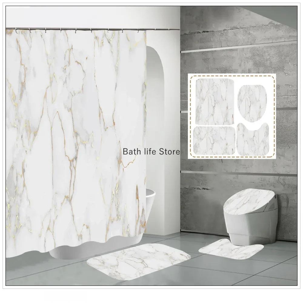 Modern 3D Shower Curtain Set with Anti-Slip Bath Mat – Water-Resistant & Custom Sizes