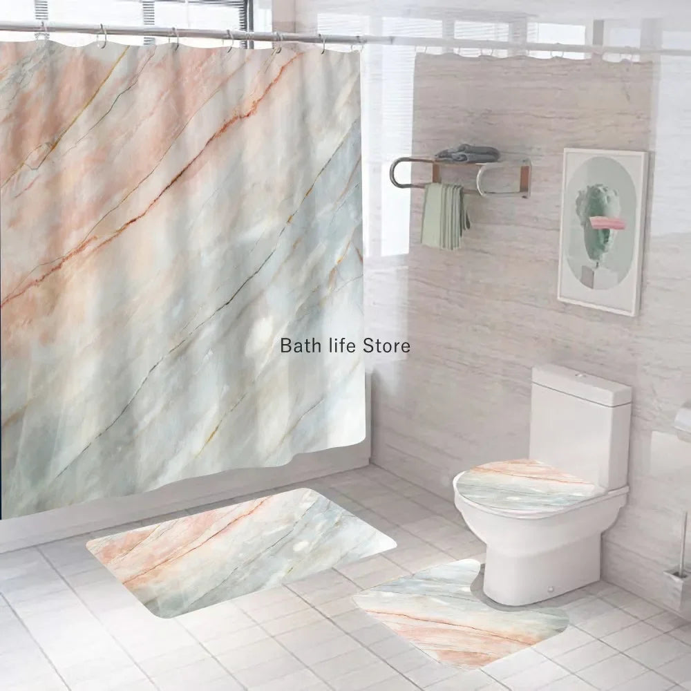 Modern 3D Shower Curtain Set with Anti-Slip Bath Mat – Water-Resistant & Custom Sizes