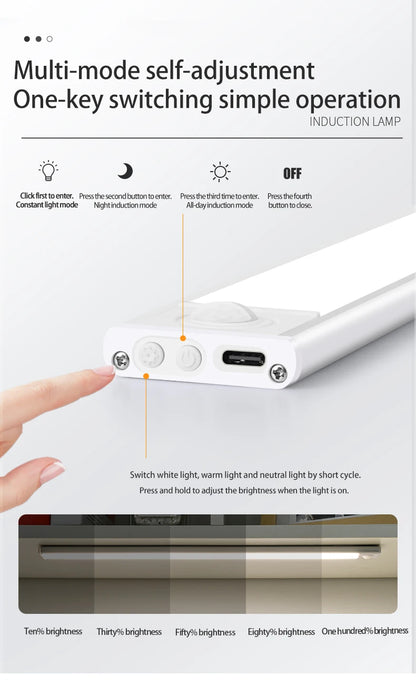 LED Night Light with Motion Sensor – USB Rechargeable Cabinet Lamp for Wardrobe, Kitchen, Bedroom & Hallway (20/30/40/60cm)