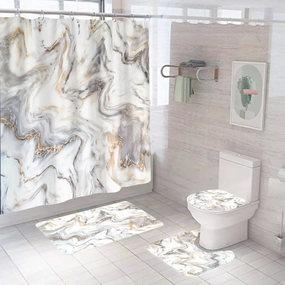 Modern 3D Shower Curtain Set with Anti-Slip Bath Mat – Water-Resistant & Custom Sizes