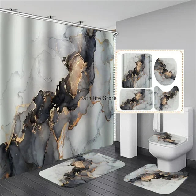 Modern 3D Shower Curtain Set with Anti-Slip Bath Mat – Water-Resistant & Custom Sizes