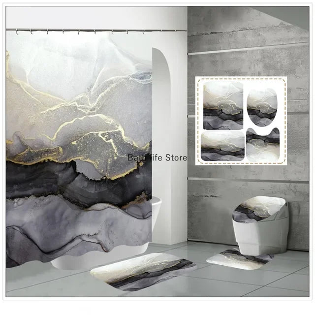 Modern 3D Shower Curtain Set with Anti-Slip Bath Mat – Water-Resistant & Custom Sizes