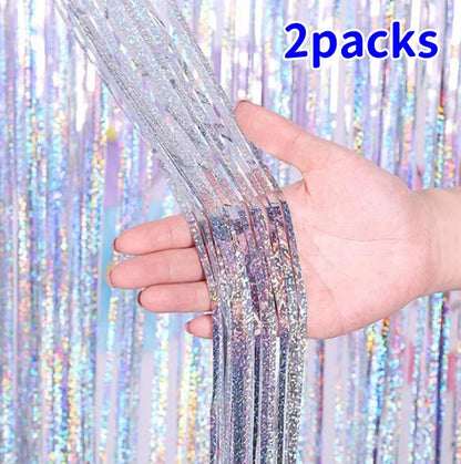 2 Pack Glitter Tinsel Fringe Curtains – Metallic Foil Party Backdrop for Birthday, Wedding & Anniversary Decorations