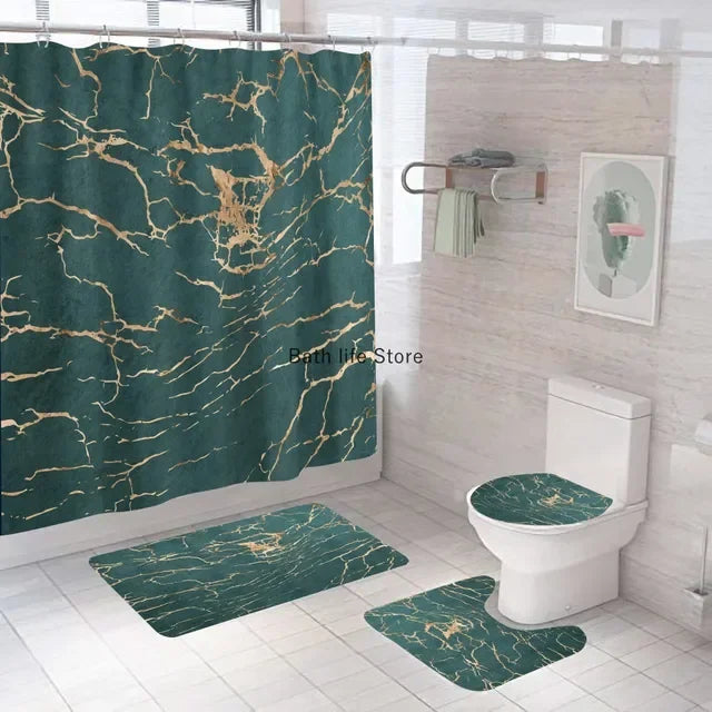 Modern 3D Shower Curtain Set with Anti-Slip Bath Mat – Water-Resistant & Custom Sizes