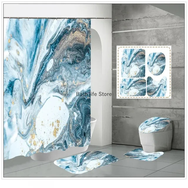 Modern 3D Shower Curtain Set with Anti-Slip Bath Mat – Water-Resistant & Custom Sizes
