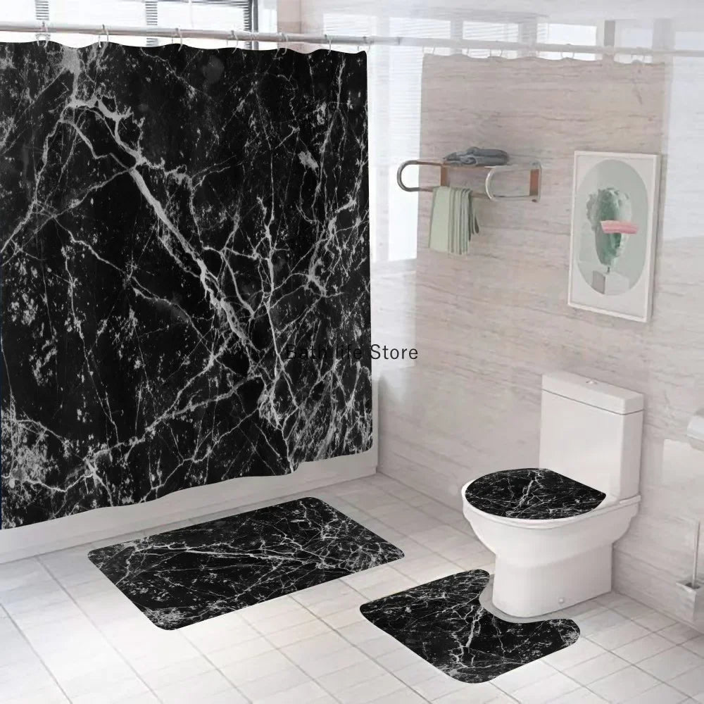Modern 3D Shower Curtain Set with Anti-Slip Bath Mat – Water-Resistant & Custom Sizes