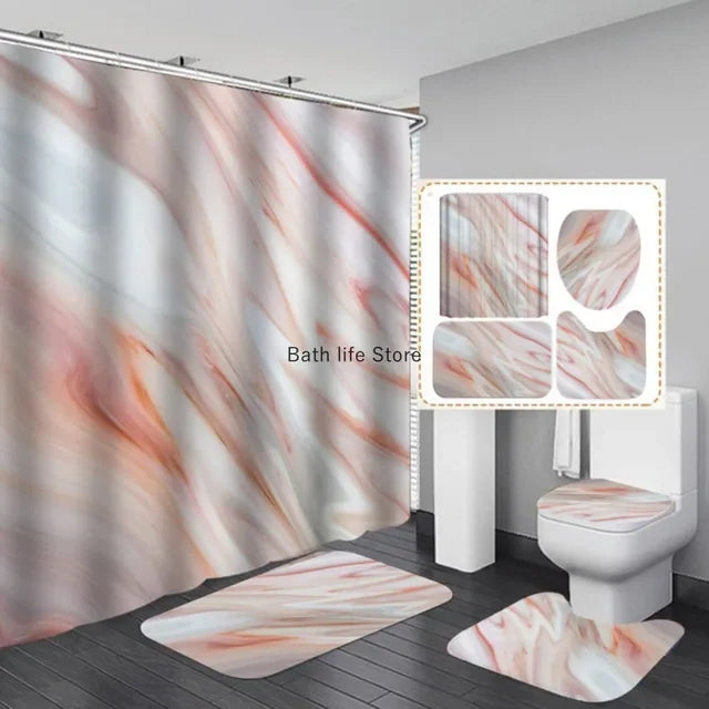 Modern 3D Shower Curtain Set with Anti-Slip Bath Mat – Water-Resistant & Custom Sizes